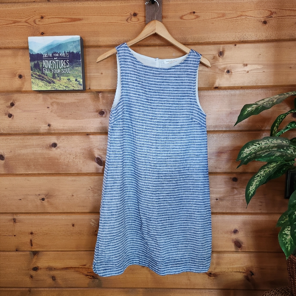 Beach Lunch Lounge💜 Blue Pinstripe Shift Dress Linen Blend Chambray Lined Sz XS